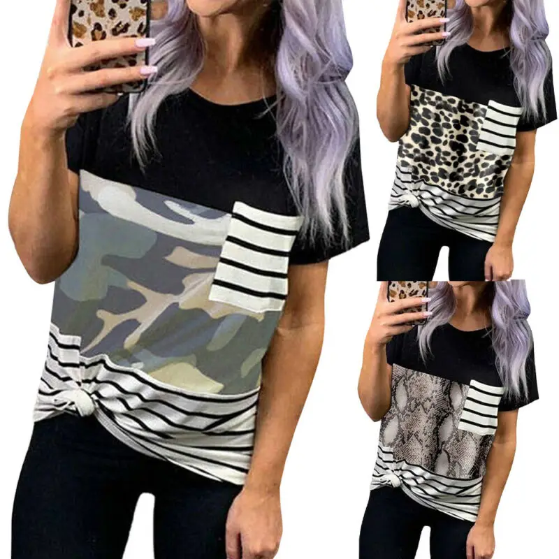 

Stripe Patchwork Tshirt for Women 2021 Leopard Short Sleeve T-Shirt Summer Female Tops#2