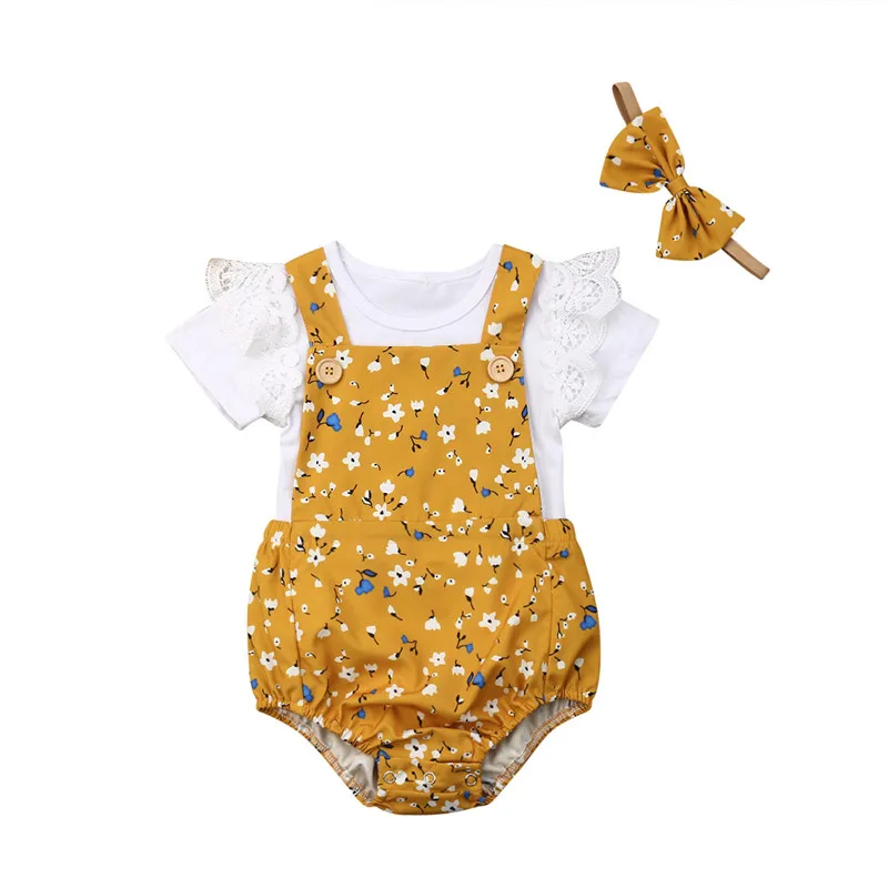 

Baby Girls Strap Floral Short Sleeve Romper T-shirt Bib Pants Floral Bowknot Headband 3pcs Summer Outfit Clothes 0-18M Clothes