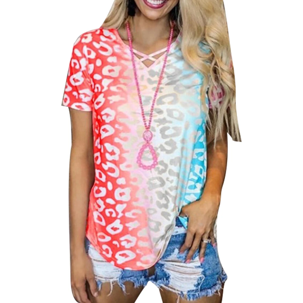 

Women Clothes Summer Hollow Out Top Tee Rainbow Gradient T Shirt Women Short Sleeve Casual Tops V-Neck Loose S-3XL tshirt