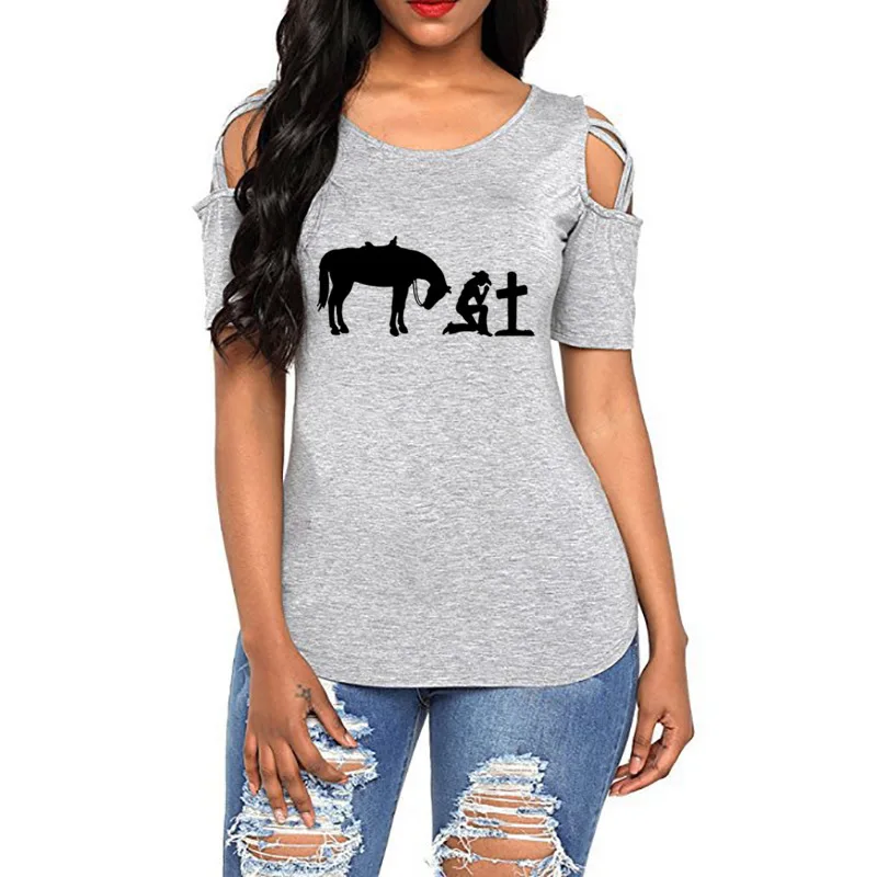 

New Fashion T-Shirt For Women Bandage Off Shoulder Print T-Shirt Women horse knight summer top tee shirts Cotton