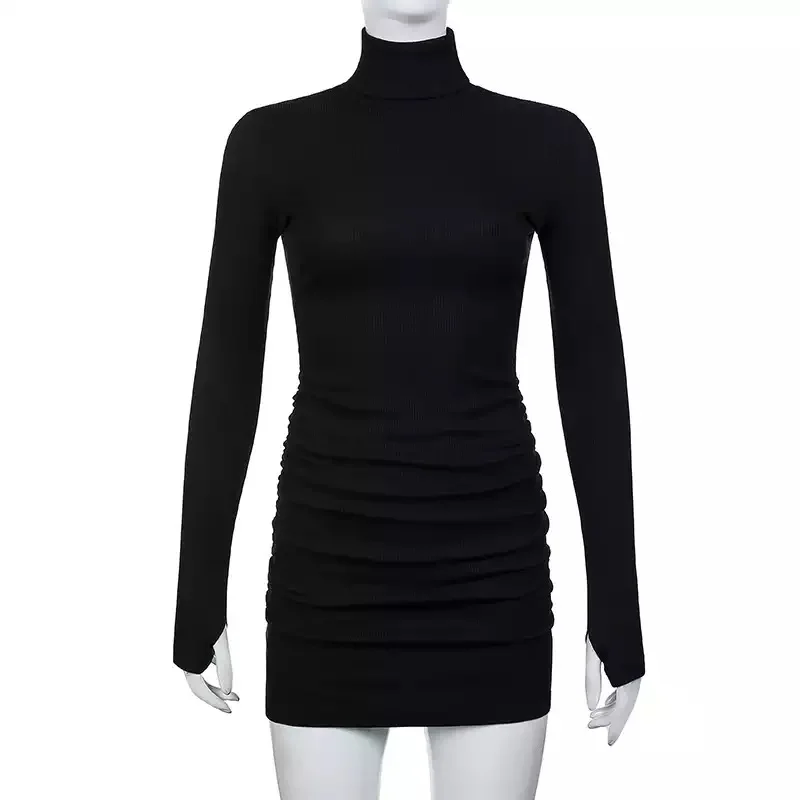 

Sexy Ribbed Knit Dress Winter Turtleneck Long Runched Dresses For Women 2021 Autumn Bodycon Lady Short Black Sheath Mini Robe