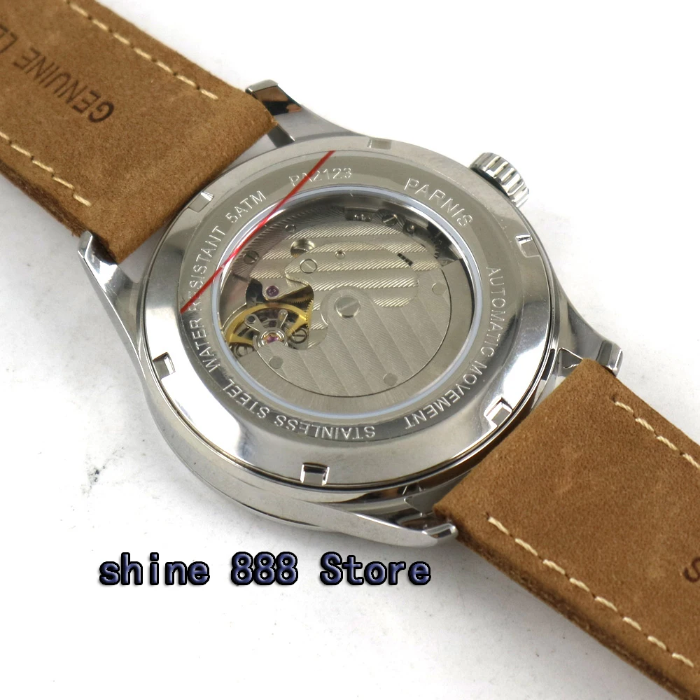 

42mm parnis white dial camel strap date ST1731 automatic mens watch