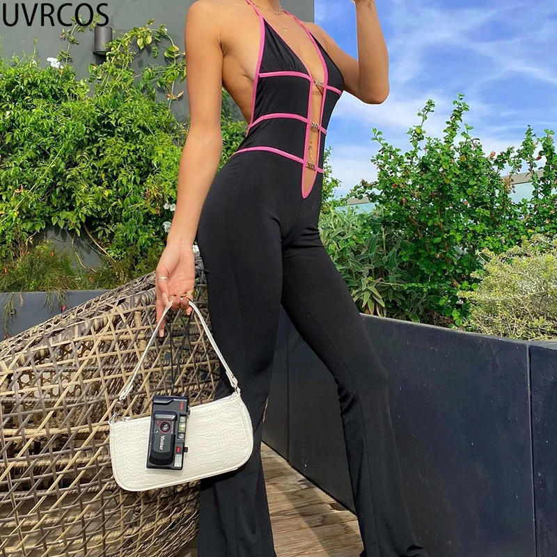 

UVRCOS Black V Neck Color Matching Jumpsuit Summer 2021 Sleeveless Halter Front Bandage Hollow Out High Street Combinaison Femme