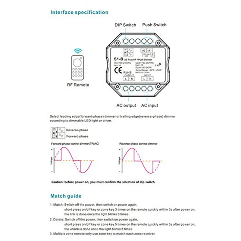 

LED Dimmer Switch Triac AC100-240V 2.4G Wireless RF Remote Dimmable Push Switch Smart Wifi Dimmer for LED Bulb Light Lamp