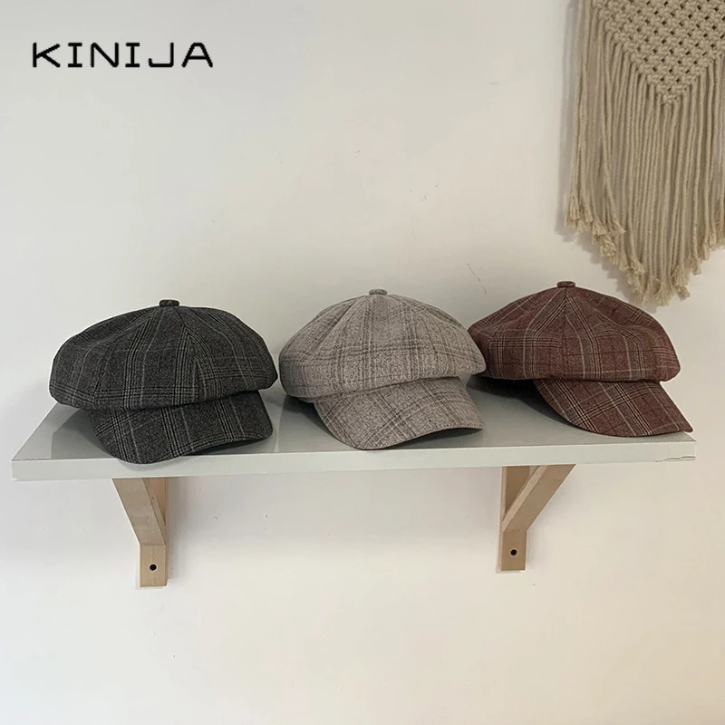 Берет в клетку из мягкого хлопка для женщин и девушек осенне зимняя
