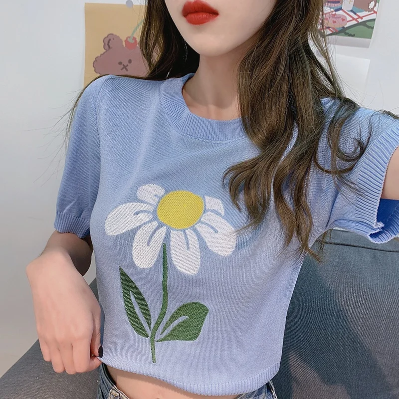 Летняя женская футболка одежда топы с принтом букета вязаная коротким