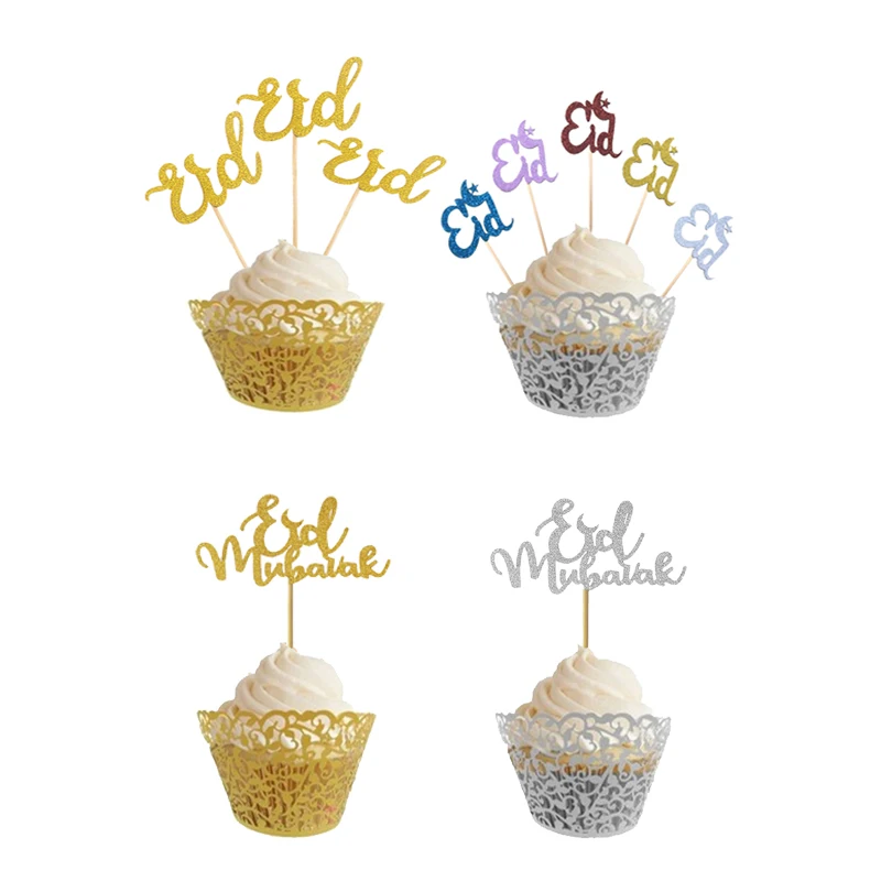 Высококачественные блестящие бумажные топперы для кексов Happy Eid Mubarak украшения