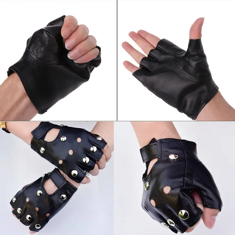

Men Unisex Artificial Leather Half-Finger Gloves Theatrical Punk Hip-Hop Driving Motorcycle Performance Party Fingerless Mittens