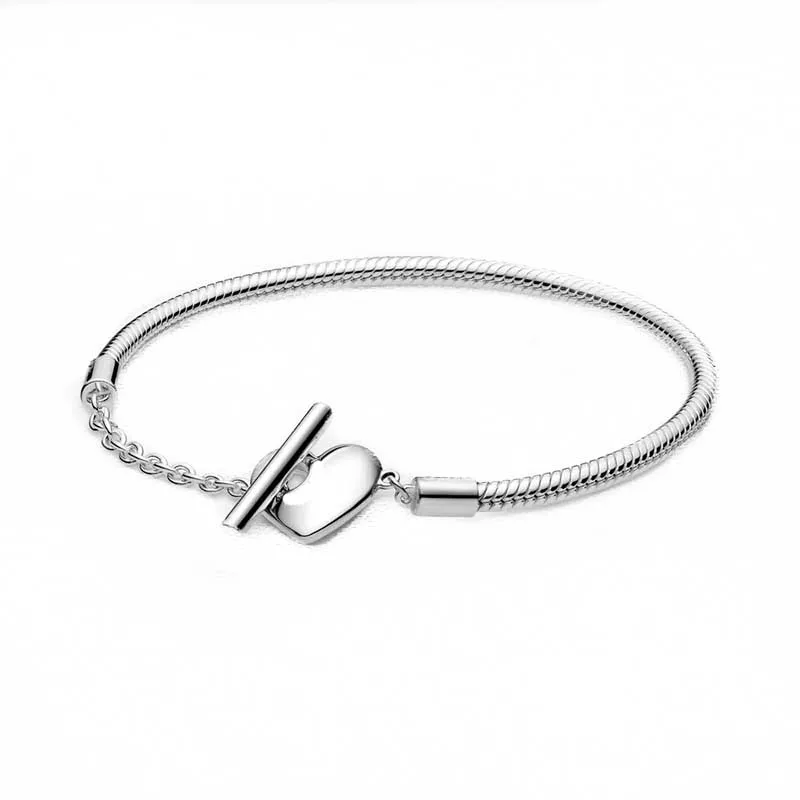 

Moments Heart T-Bar Snake Chain Bracele 100% 925 Sterling Silver Bracelet Silver T-Bar Bracelet Fit European Charms Diy Jewelry