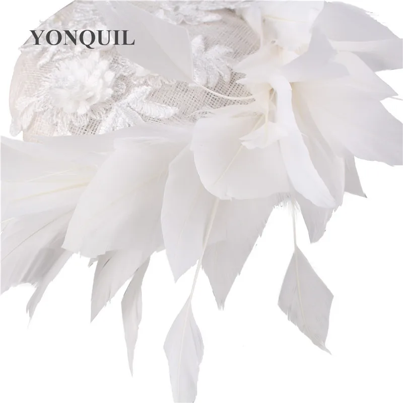 

4-Layer Sinamay Lace Fashion Headpieces Bridal Mariage Feather Chapeau Cap Nice Wedding Fascinators White Beautiful Hat Elegant