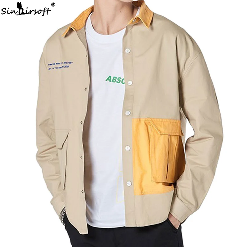 Мужская повседневная куртка цвета хаки свободная хлопковая в Корейском стиле с