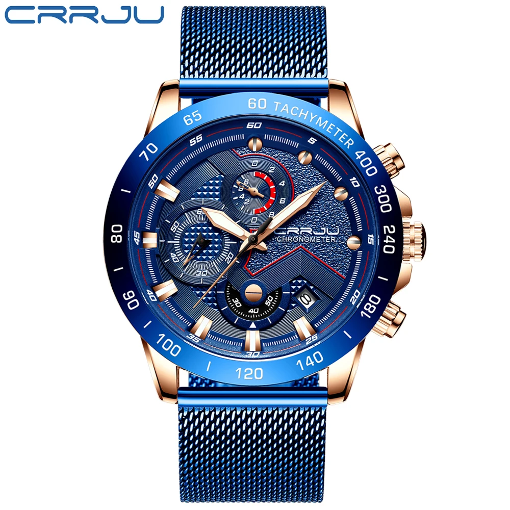 blue CRRJU часы мужские Топ люксовый бренд хронограф наручные часы сетка сталь Дата часы модные спортивные кварцевые часы relogio masculino - Цвет: blue