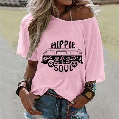 

Plus Size Fashion Clothes Summer Women Casual Tops Deep Loose T-shirt Off Shoulder Car Printed Blouse Ladies Short Sleeve Shirts