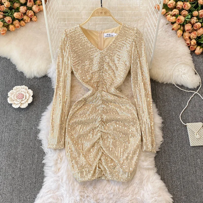 

Элегантное вечернее мини-платье с блестками, женское модное облегающее Клубное платье с длинным рукавом, V-образным вырезом и рюшами, весна-...