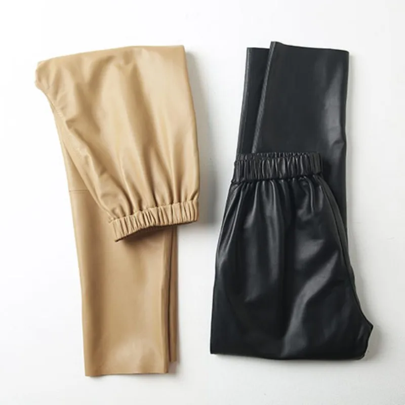 

Sheepskin Straight Pants Office Lady Genuine Leather Elastic Waist Pleated Solid Ankle-Length Pants Women Spring Autumn Korean