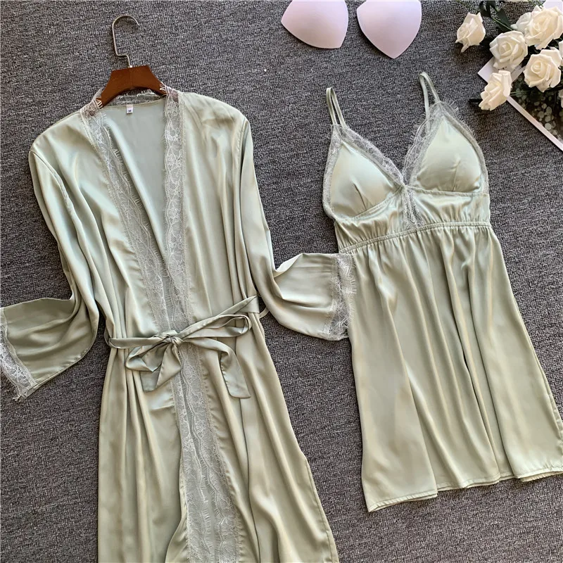 2020 Женская атласная шелковая пижама сексуальный халат платье набор кружевная