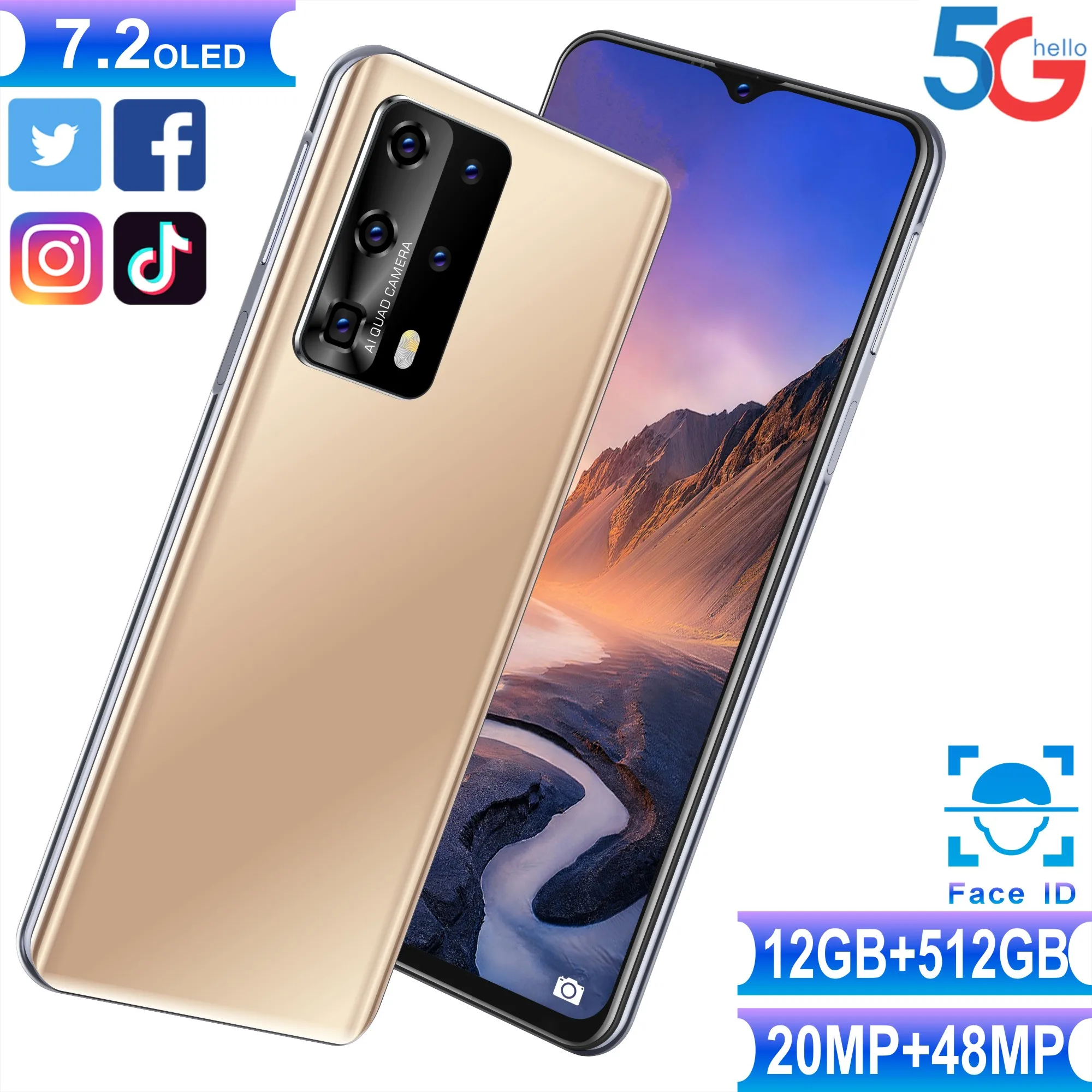 

P49 Pro 2021 Newest 8CORE 256GB 5G Smartphone 7.2 inch MTK 10 core 4G network Mobile Phones Android 9.1 4800mAh Battery