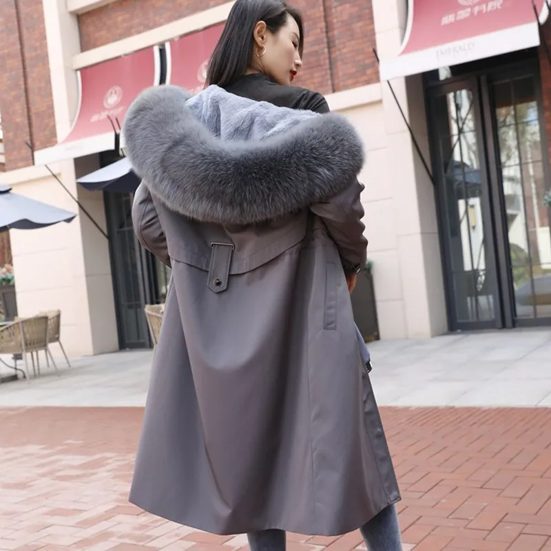 

Women Winter Solid Color New Slim Large Real Fox Fur Collar Hooded Fur Leather Female Thick Warm Long Parkas Ladies Coats ML759