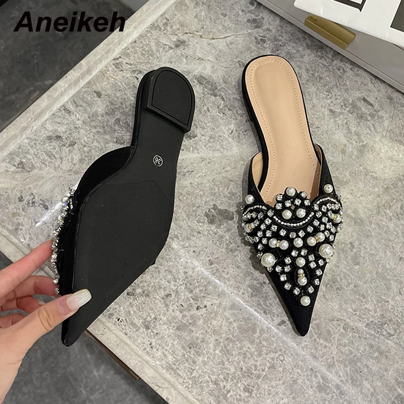 

Aneikeh Summer Pointed Toe String Bead Crystal Shallow ELEGANT Slippers Women's For Shoes 2021 NEW Fashion Flat With Slip-On