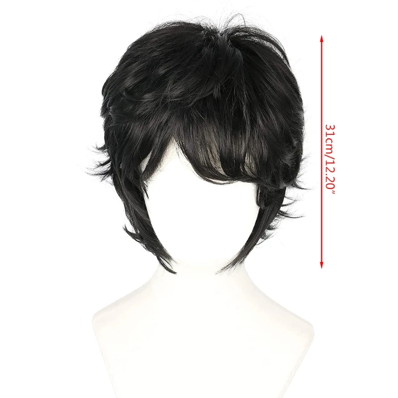 

Short Black Layered Cosplay Wig Halloween Costume Curly Wig for Men with Adjustable Inner Cap Fits All Comfortable Wear