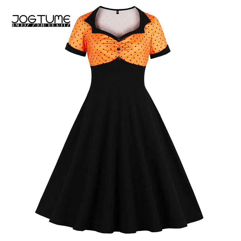 Женское винтажное платье в горошек черное/оранжевое трапециевидной формы стиле
