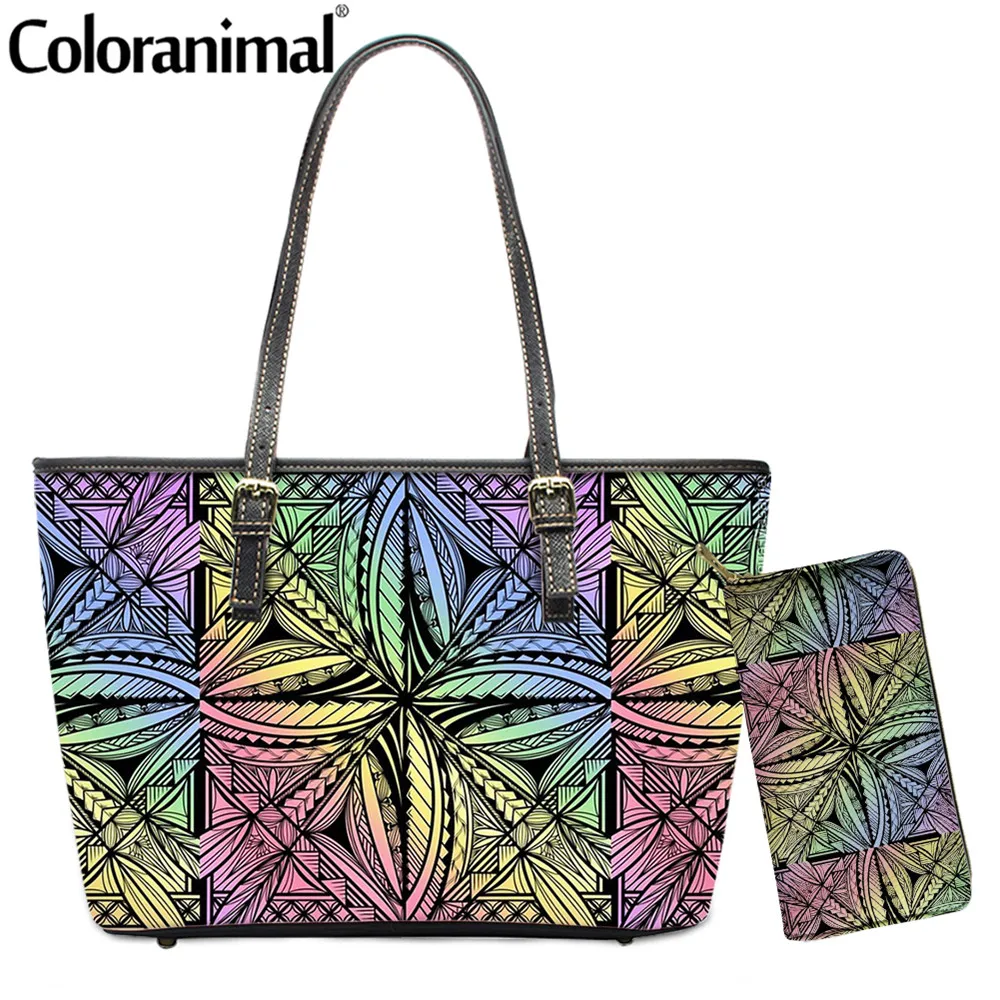 

Coloranimal Gradient Polynesian Pattern Lady Crossbody Bag PU Leather Shoulder Bag for Women 2Pcs/Set Tote Handbag&Wallet Bolsa