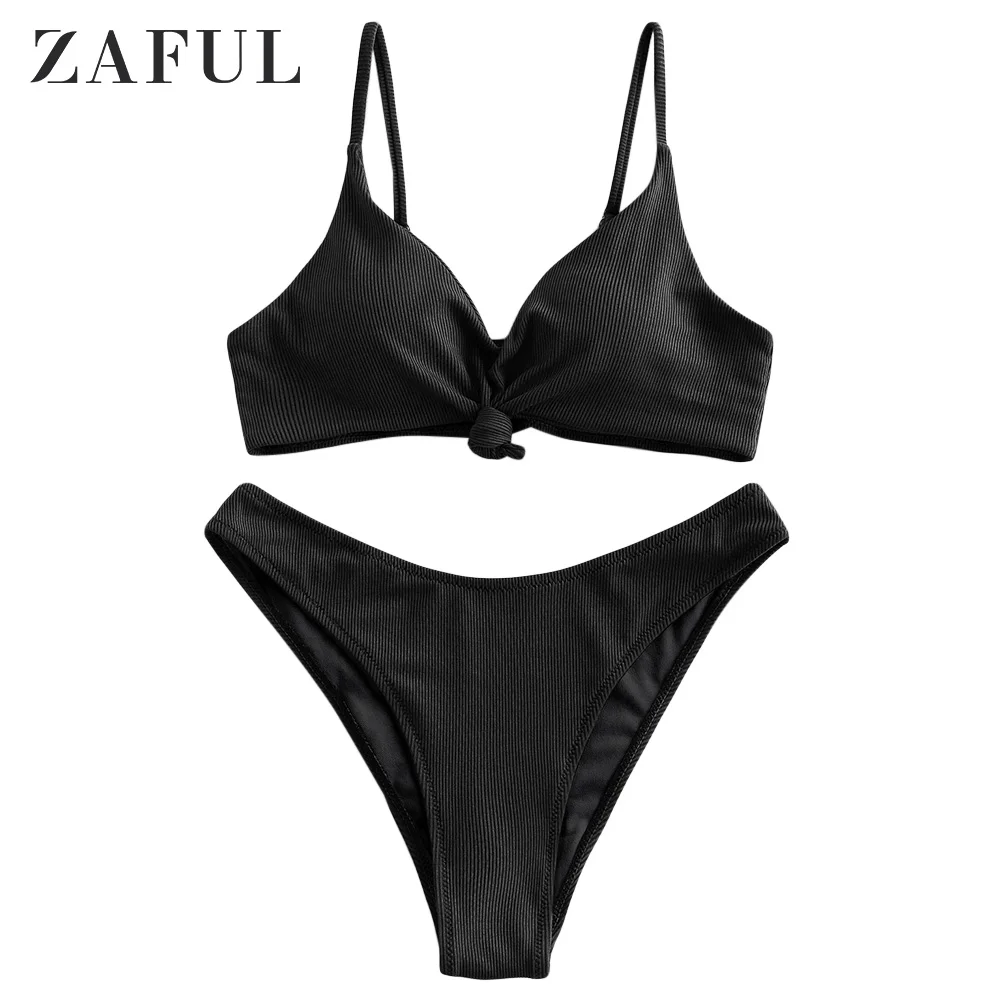 

ZAFUL Knot Side Boning Ribbed Bikini Sets Swimsuit Women Spaghetti Straps Padded Bikini Sexy Ladies Summer Beach Swimwear