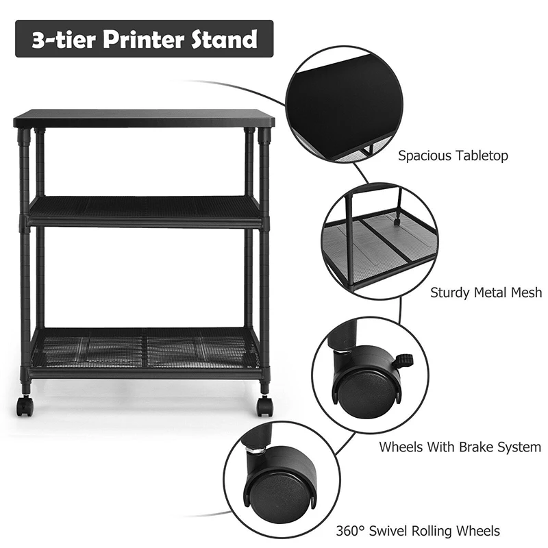

3 Tier Printer Stand Rolling Fax Cart Height Adjustable Shelf Swivel Wheels Premium Solid Frame Multipurpose Design Storage Rack