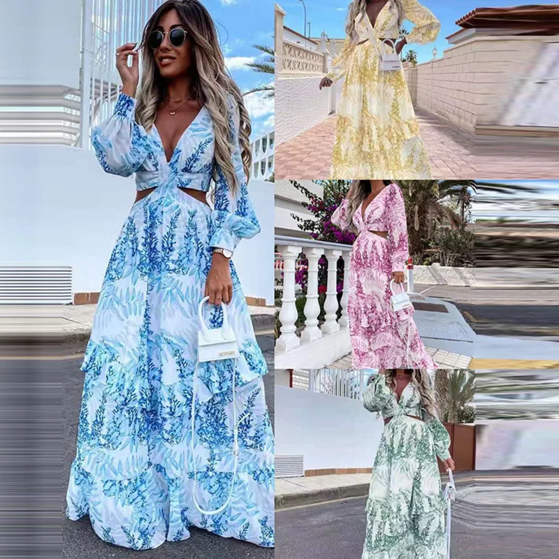 

Elegant Deep V Neck Print Boho Long Dress New Sexy Criss-Cross Hollow Out Beach Dress Summer Women Ruffle Long Sleeve Maxi Dress