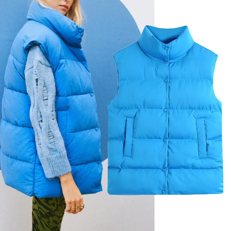 

Womens Winter High Collar Warm Vest Coat Woman Sleeveless Button Up Blue Waistcoat Chic Female Loose Jackets Oversized Vests