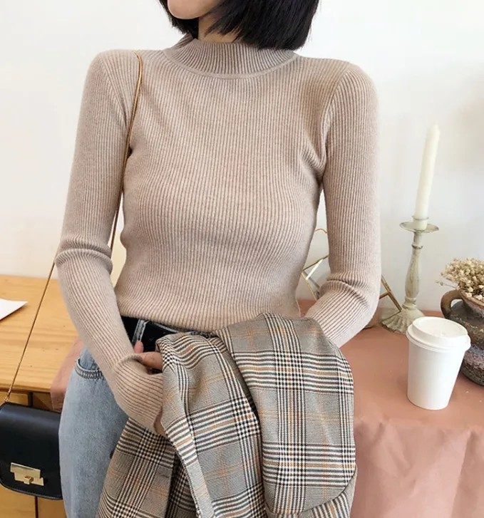 

2021 Black Sweater Women Basic Slim Knitted Pullover Top Solid Jumper Autumn Winter Korean Style Warm Elasticity Female Sweaters