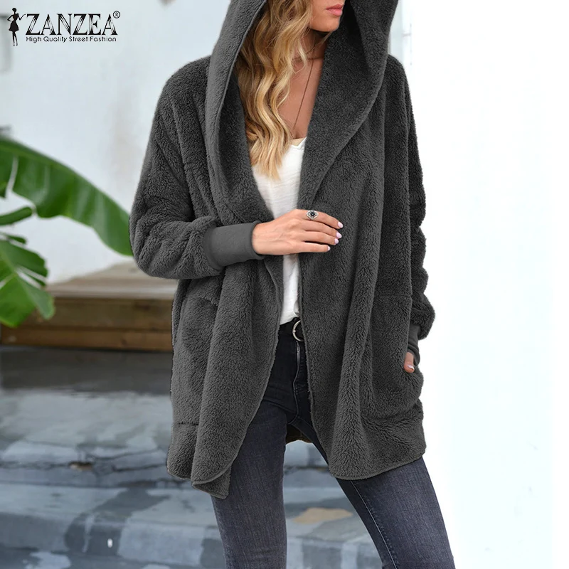 

Женское пушистое пальто с капюшоном ZANZEA, толстовка с длинным рукавом и открытым лицевая сторона куртки, однотонная верхняя одежда, повседне...