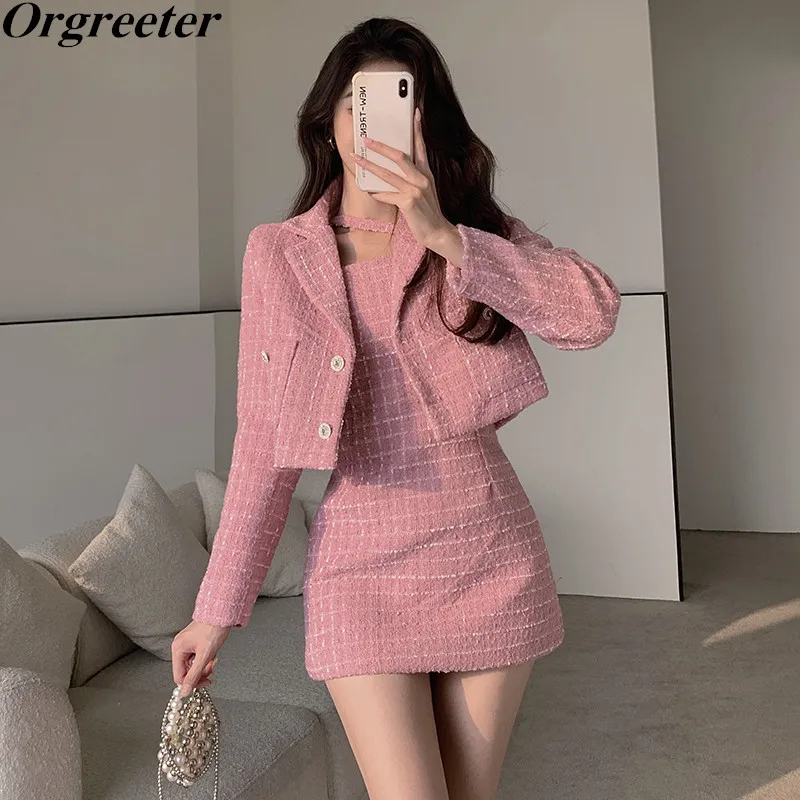 

Женский твидовый костюм из двух предметов, розовый пиджак и мини-платье на бретельках, весна-осень