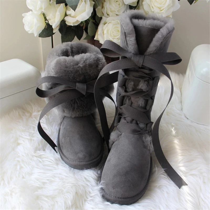 

2021 Top Quality Women Snow boots 100% Genuine Sheepskin Leather Lace up High boots Natural Fur Warm Wool Winter Women Boots