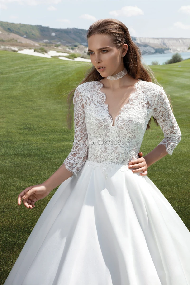 Vestido De Noiva атласные свадебные платья трапециевидной формы три четверти V шеи Кружева Аппликации caur поезд Кнопка Иллюзия Сатиновые свадебные платья
