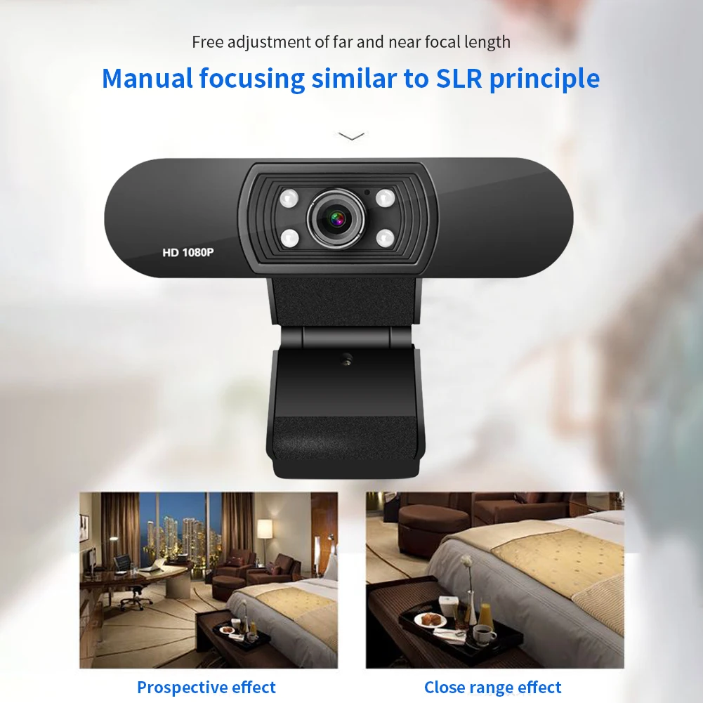 

1080P Built In Microphone HD Webcam Computer Peripherals Video Conference Clip On With 4 Lights Streaming Recording ABS Desktop