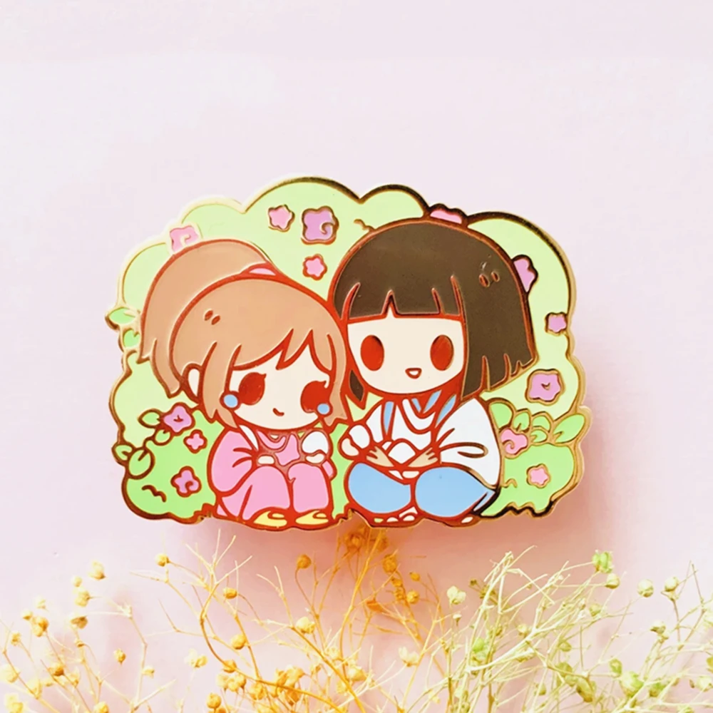 Булавка Haku and Chihiro с жесткой эмалью Золотая брошь мультяшными животными милое