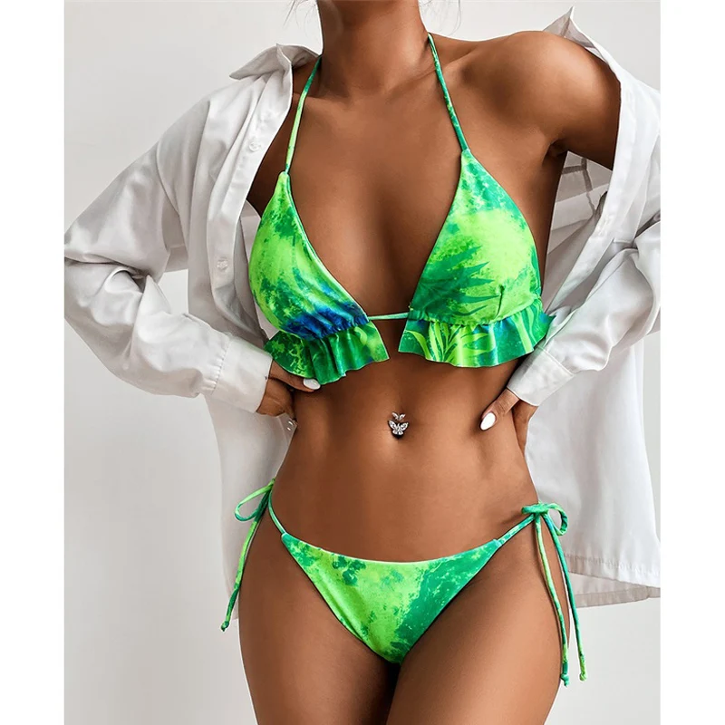 

Rinabe Tie Dye Biquini Ruffle Halter Swimsuit Women Lace Up Swimwear 2022 Push Up Bathing Suit Triangle Bikini Set Beach Wear XL