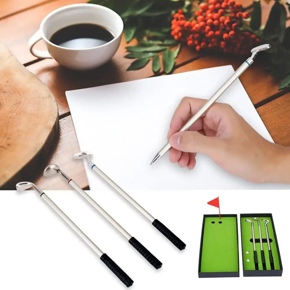 

Golf Pen Set Desktop Goft Gift Mini Green Driving Range Pens Golf with Club and Metal Balls Flag J2H5