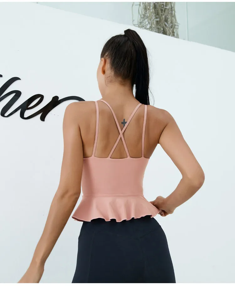 

Women Padded Push Up Sports Bra Solid Color Yoga Ruffled Quick Dry Fitted Gym Workout Fitness Crop Top Yoga Bras