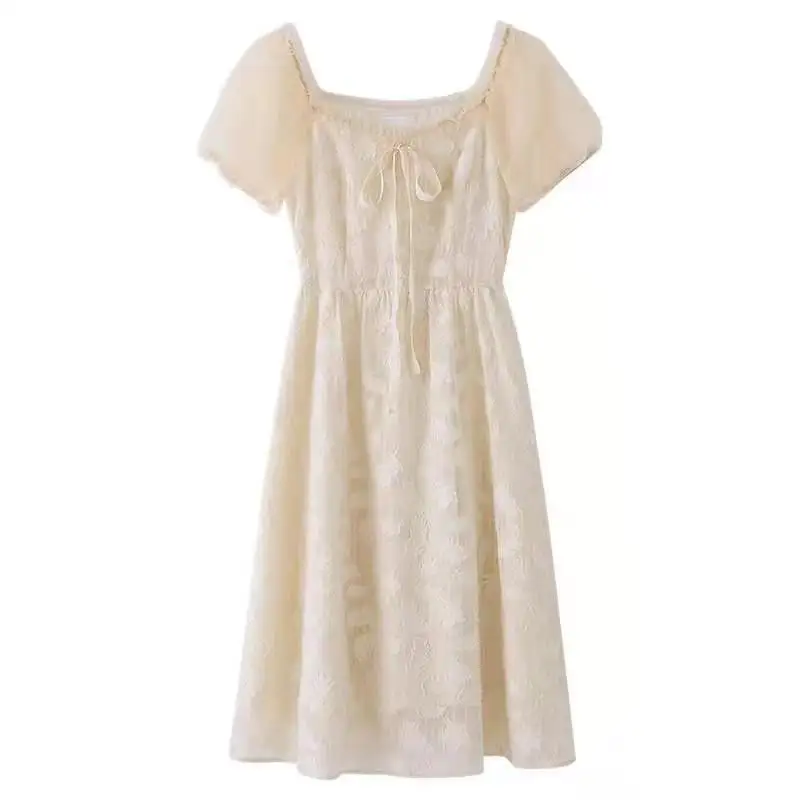 

Puff Sleeve Chiffon Dress Women Korean Vintage Casual Bow Design Thin Dresses Female Elegant Summer V Neck Midi Party Dress Vest