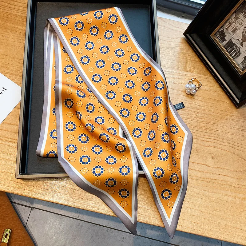 

New Double Side Flower Silk Scarf Women's Professional Tie Gift Ribbon Multifunctional Satin Scarf Twilly Scarf Foulard Cheveux