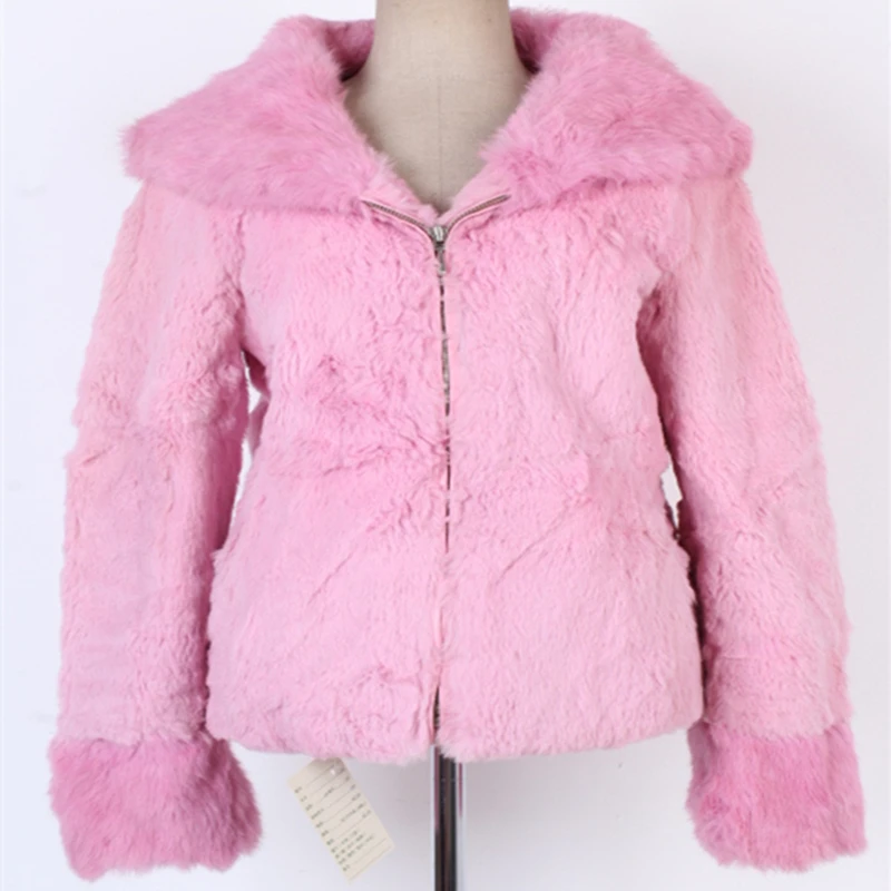 

Vintage Japanese leather grass whole skin rabbit fur soft fashion warm multicolor women's jacket winter Turn-down Collar
