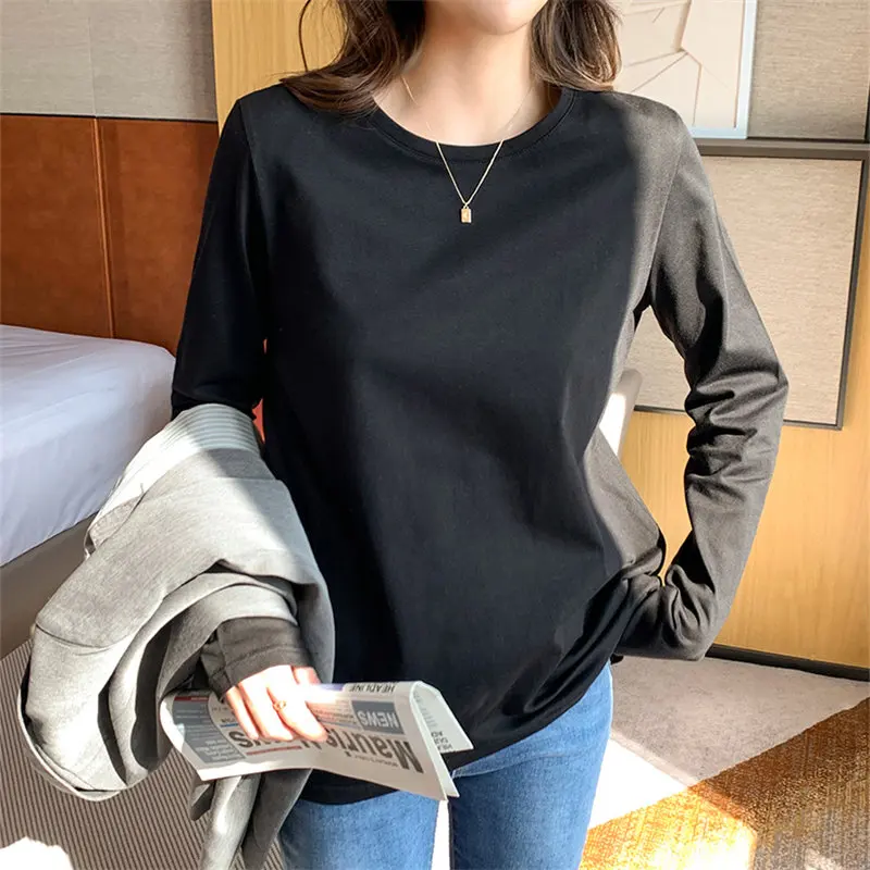 

HziriP 2021 Spring Solid Cotton Comfortable All Match Full Sleeves Women Large Size Brief Basic Oversize Chic Basewear T-shirt