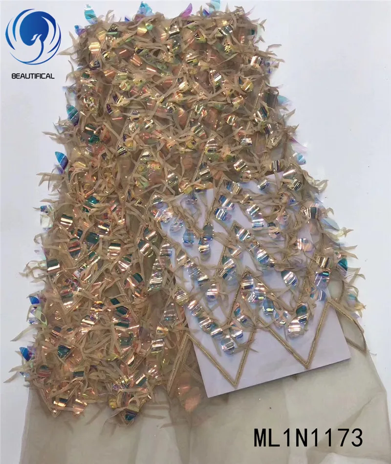 

Beautifical Nigerian lace fabric Latest design 3d sequins mix tassels net lace fabric 5yards french tulle lace ML1N1173