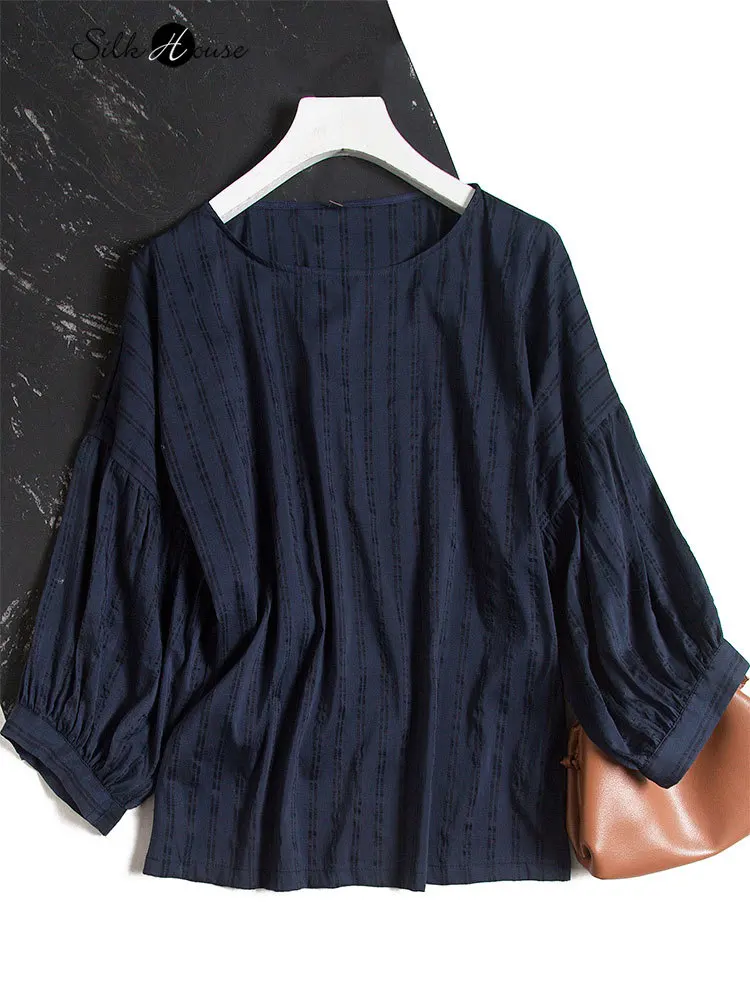 

New Spring Mulberry Silk Three-dimensional Striped Lantern Sleeves French Loose Oversized Women Shirt