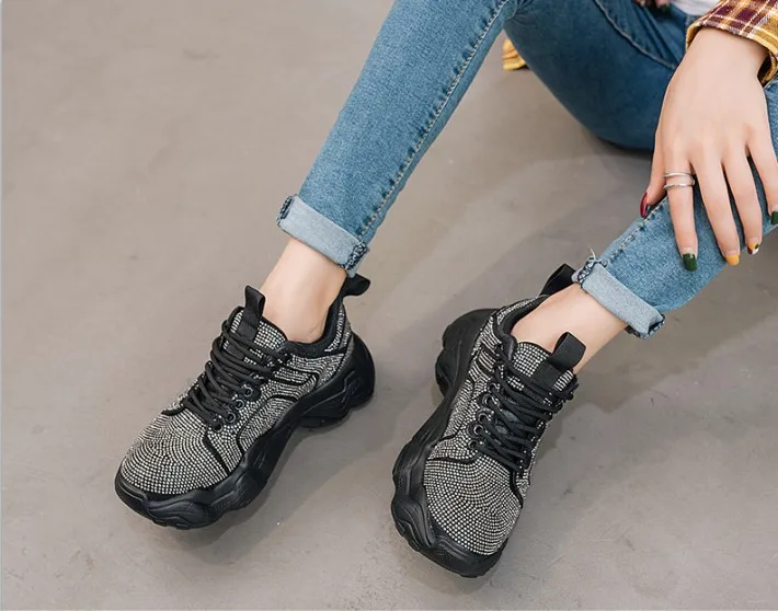 Обувь со стразами; женские кроссовки на платформе; повседневная обувь; zapatos de mujer; женские кроссовки с кристаллами на толстой подошве; шикарные кроссовки для папы