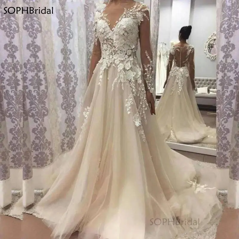 

New Arrival Modern Lace Appliques Wedding Dresses Sheer Scoop Neck Long Sleeves Wedding Gowns Button Back Boho Robe De Mariee