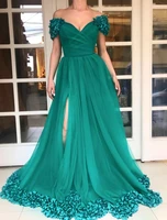 green moroccan evening dresses a line off the shoulder tulle flowers slit long turkey dubai saudi arabia prom dress gown