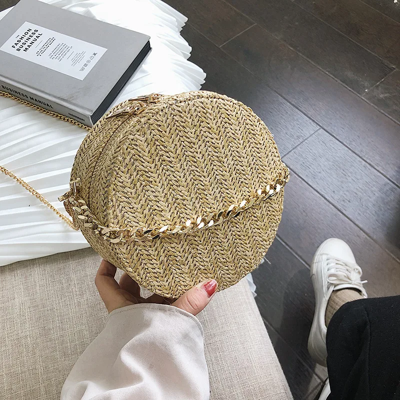 Круглая Соломенная пляжная сумка винтажная тканая на плечо ручной работы рафия